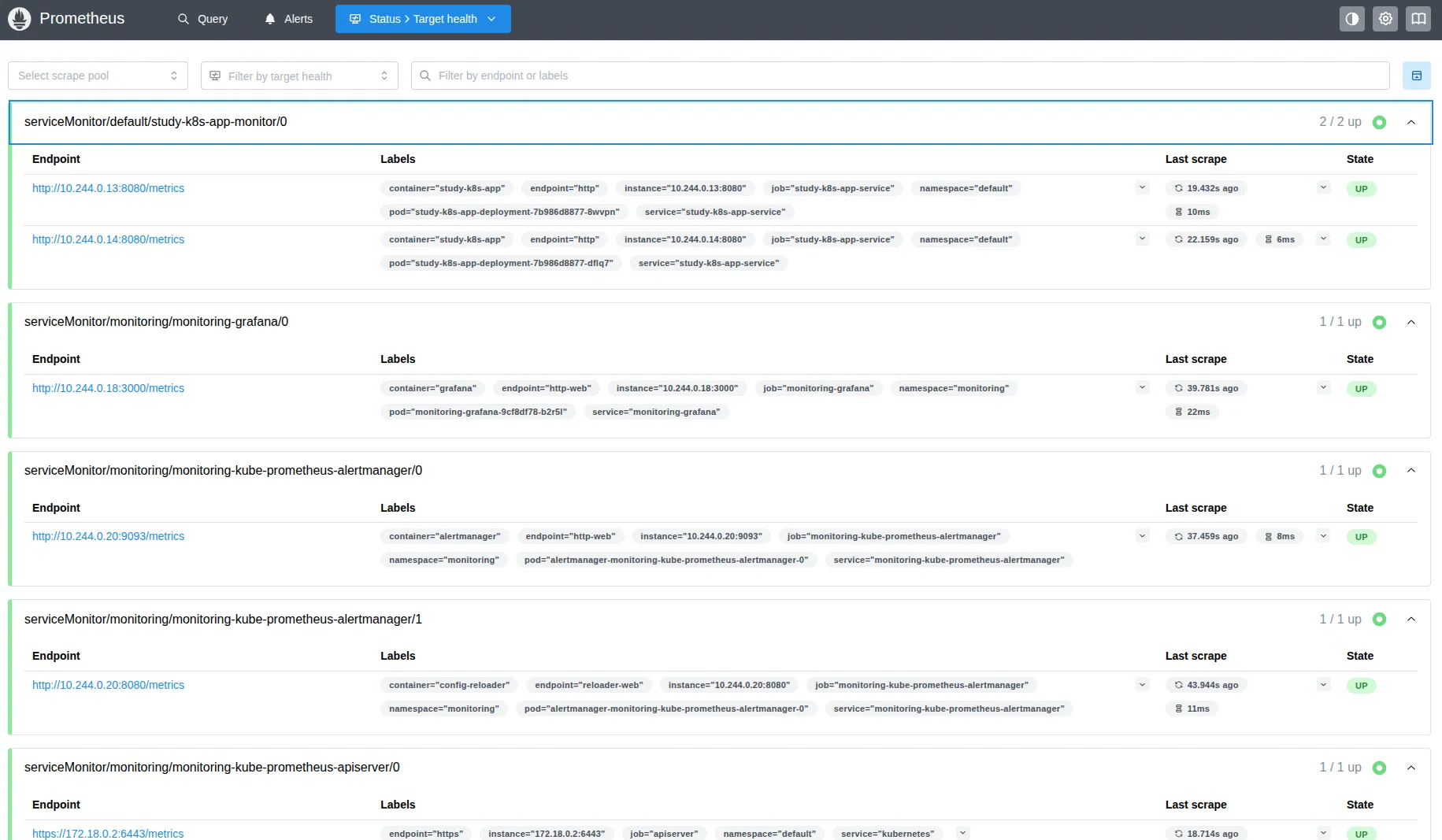 Prometheus の Targets 画面。study-k8s-app-monitor がアプリの2 Pod を 2/2 UP でスクレイプしている